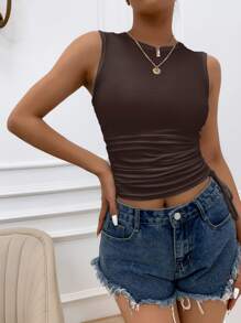 Solid Drawstring Side Tank Top - Chocolate Brown - View 1