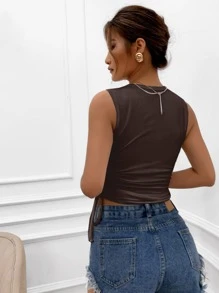 Solid Drawstring Side Tank Top - Chocolate Brown - View 2