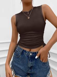 Solid Drawstring Side Tank Top - Chocolate Brown - View 3