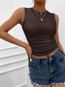Solid Drawstring Side Tank Top - Chocolate Brown - View 7