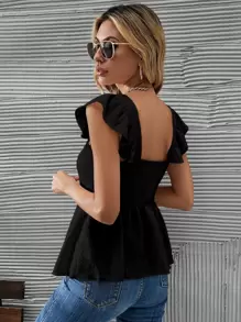 SHEIN LUNE Blusa con volantes en el dobladillo, mangas de mariposa y estampado de puntos suizos - Negro - Ver 2