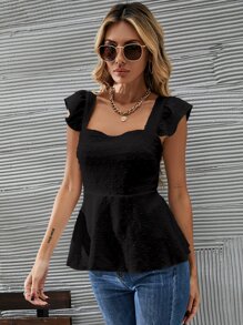 SHEIN LUNE Blusa con volantes en el dobladillo, mangas de mariposa y estampado de puntos suizos - Negro - Ver 5