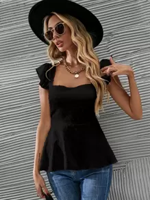 SHEIN LUNE Blusa con volantes en el dobladillo, mangas de mariposa y estampado de puntos suizos - Negro - Ver 6