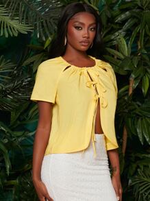 SHEINNeu Solid Tie Neck Blouse - Yellow - View 6