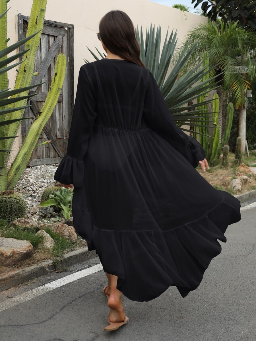 Swim Vcay Summer Beach Plain Ruffle Hem Kimono - Black - View 1