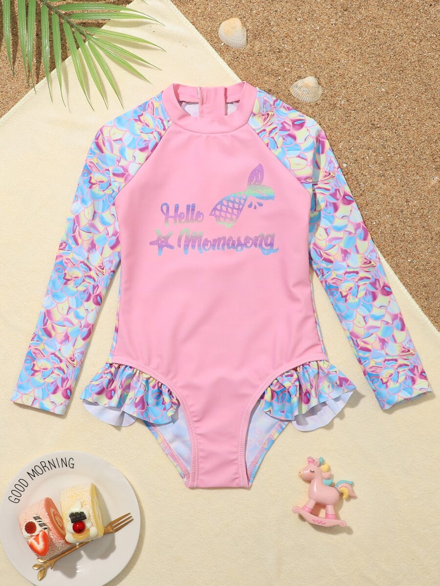 Young Girl Fish Scales Frill Trim One Piece Swimsuit - Pink - View 1