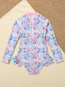 Young Girl Fish Scales Frill Trim One Piece Swimsuit - Pink - View 2