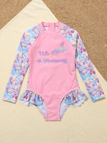 Young Girl Fish Scales Frill Trim One Piece Swimsuit - Pink - View 3