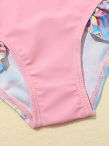 Young Girl Fish Scales Frill Trim One Piece Swimsuit - Pink - View 4