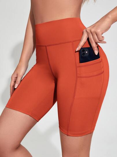 Solid Biker Shorts With Phone Pocket