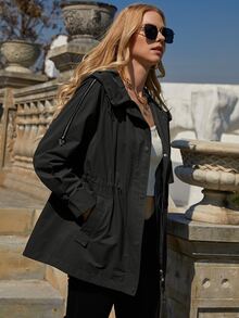 ZIAI Slant Pockets Zip Detail Raglan Sleeve Drawstring Hooded Trench Coat - Black - View 4