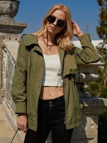 ZIAI Slant Pockets Zip Detail Raglan Sleeve Drawstring Hooded Trench Coat - Army Green - View 5