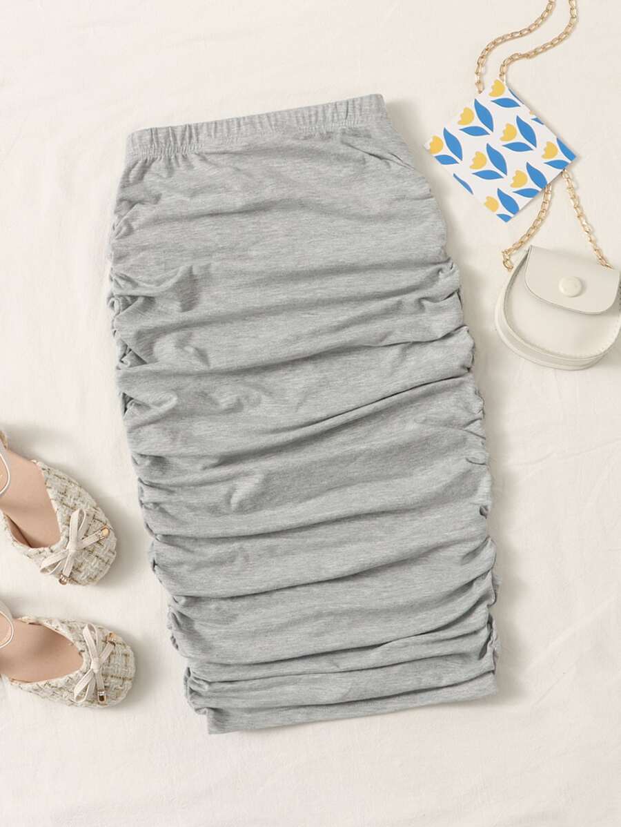 SHEIN 女孩褶邊雜灰色半身裙