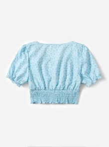 ROMWE Allover Butterfly Print Shirred Hem Blouse - Blue - View 2