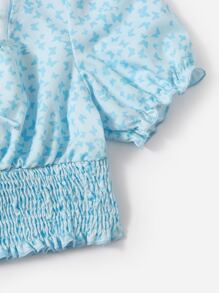 ROMWE Allover Butterfly Print Shirred Hem Blouse - Blue - View 3