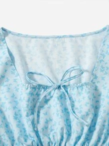 ROMWE Allover Butterfly Print Shirred Hem Blouse - Blue - View 4