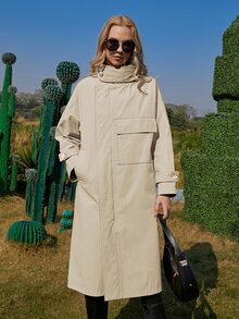 ZIAI Drop Shoulder Flap Pocket Trench Coat - Khaki - View 3