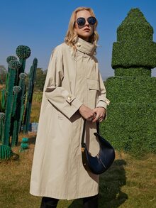ZIAI Drop Shoulder Flap Pocket Trench Coat - Khaki - View 4
