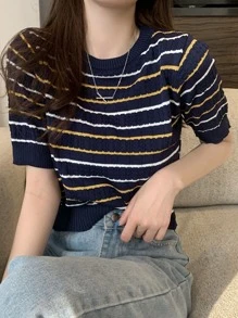 Top tejido corto de rayas - Azul Marino - Ver 1