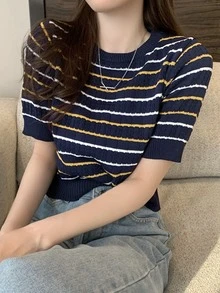 Top tejido corto de rayas - Azul Marino - Ver 3