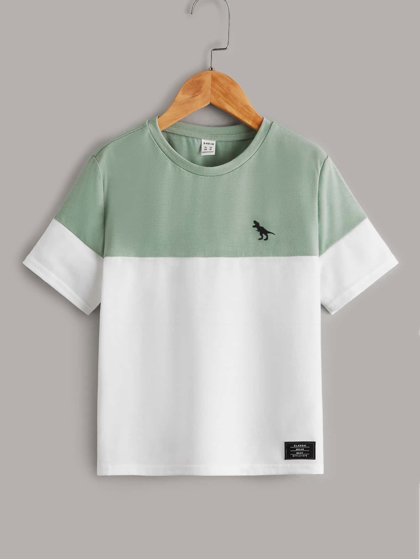 SHEIN Tween Boy Two Tone Dinosaur Print Letter Patched Detail Tee - Multicolor - View 1