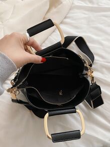 CONTAINEVERY Lightweight, Mini Letter Graphic Chain Handle Bucket Bag For Teen Girls Women College Students, Rookies & White-Collar Ers Perfect College, Commute, Outdoors, Travel, Outings, Business Casual Women Bag, Perfect For Office, Business And Work - Black - View 5