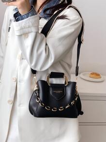 CONTAINEVERY Lightweight, Mini Letter Graphic Chain Handle Bucket Bag For Teen Girls Women College Students, Rookies & White-Collar Ers Perfect College, Commute, Outdoors, Travel, Outings, Business Casual Women Bag, Perfect For Office, Business And Work - Black - View 6