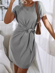 SHEIN Clasi 側打結素色蝙蝠袖連衣裙 - 淺灰色 - 查看 1