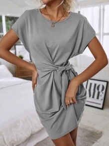 SHEIN Clasi 側打結素色蝙蝠袖連衣裙 - 淺灰色 - 查看 6