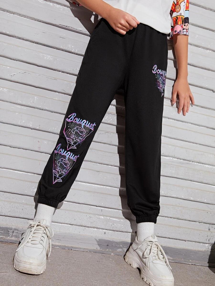 SHEIN Girls Letter & Floral Print Joggers - Black - View 1
