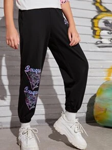 SHEIN Girls Letter & Floral Print Joggers - Black - View 3