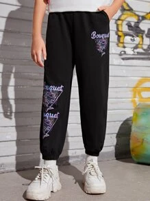 SHEIN Girls Letter & Floral Print Joggers - Black - View 4