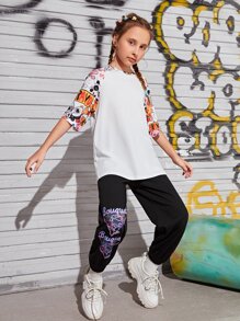 SHEIN Girls Letter & Floral Print Joggers - Black - View 5