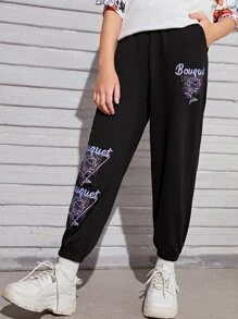 SHEIN Girls Letter & Floral Print Joggers - Black - View 6