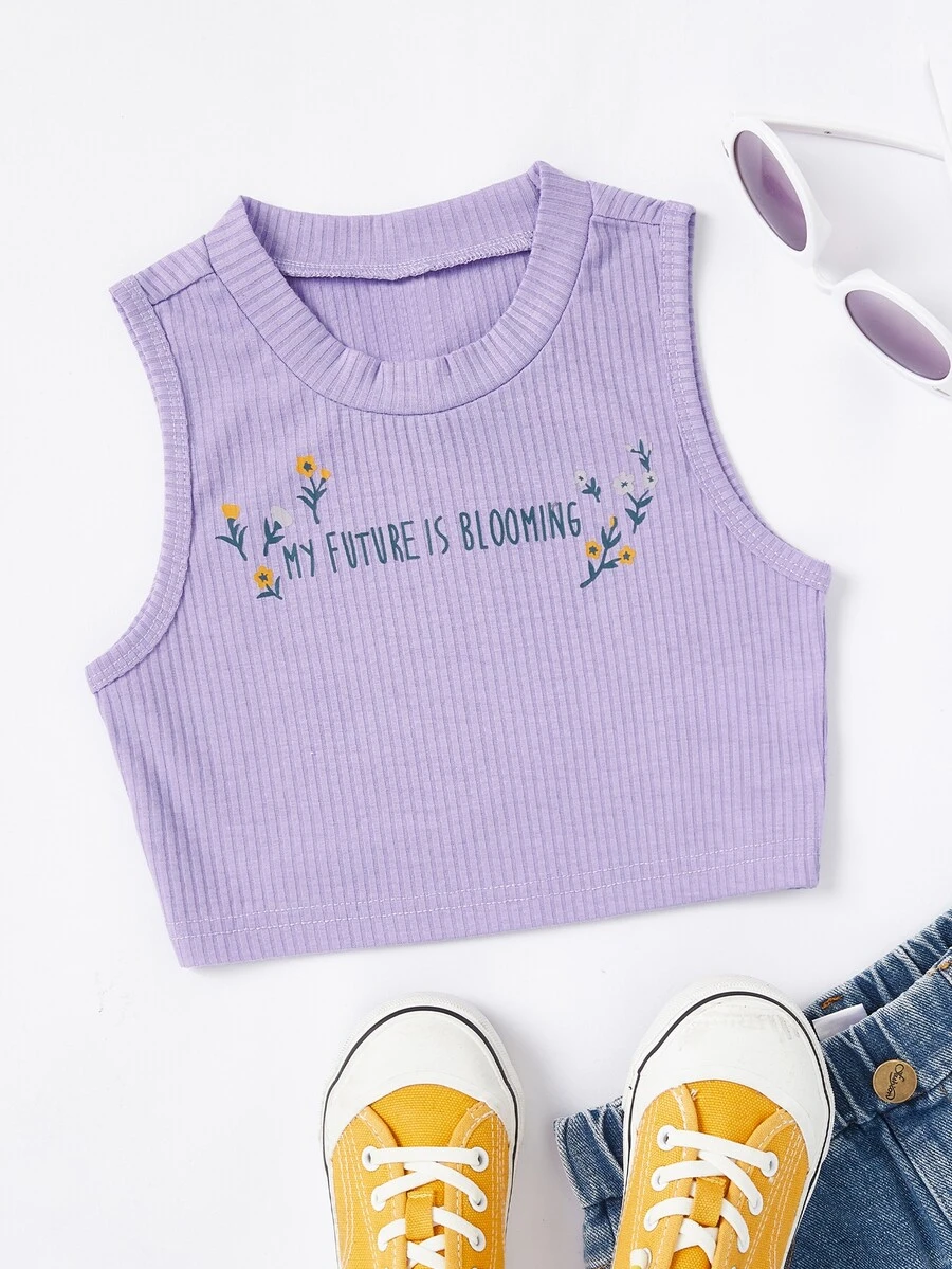 Toddler Girl Tank Tops & Camis Gân đan Hoa Slogan Giải trí - Màu Lilac Tím - Xem 1