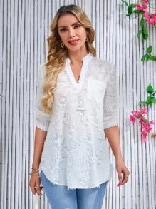 SHEIN Holidaya Notch Neck Roll Tab Sleeve Curved Hem Blouse - White - View 1