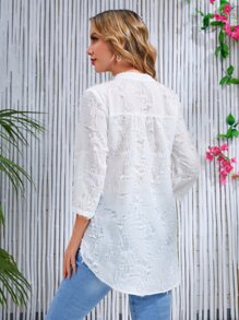 SHEIN Holidaya Notch Neck Roll Tab Sleeve Curved Hem Blouse - White - View 2