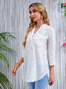 SHEIN Holidaya Notch Neck Roll Tab Sleeve Curved Hem Blouse - White - View 3