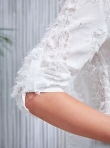 SHEIN Holidaya Notch Neck Roll Tab Sleeve Curved Hem Blouse - White - View 4