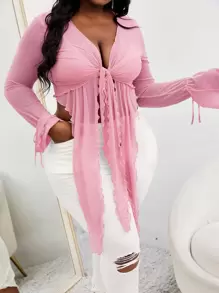 SHEIN SXY 大碼前繫帶垂墜鐘形袖薄透上衣 - 淺粉色 - 查看 1