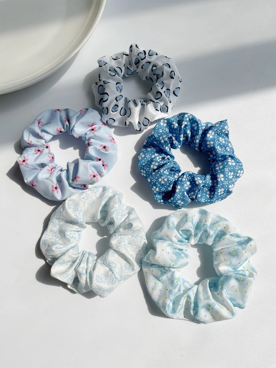 5入組花朵印花大腸髮圈 - 藍色 - 查看 1
