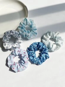5入組花朵印花大腸髮圈 - 藍色 - 查看 4