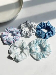 5入組花朵印花大腸髮圈 - 藍色 - 查看 5