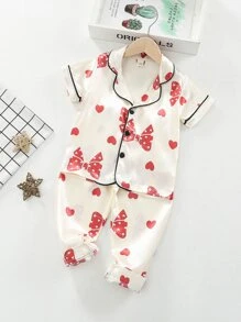 Toddler Girls Bow & Heart Print Contrast Piping Satin PJ Set - Beige - View 1