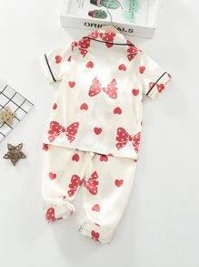 Toddler Girls Bow & Heart Print Contrast Piping Satin PJ Set - Beige - View 2