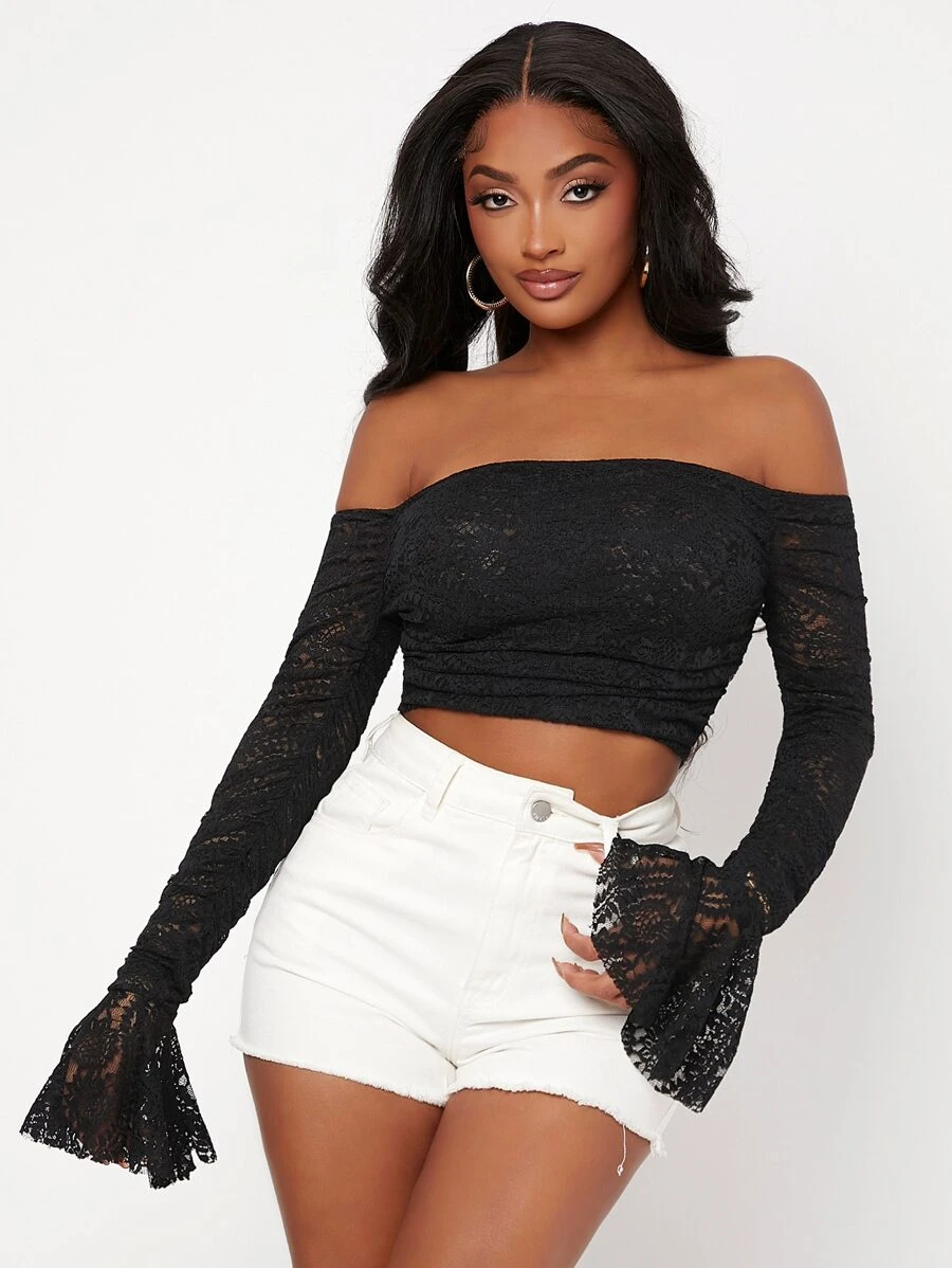 SHEIN Áo thun nữ Xù màu trơn Gợi cảm - màu đen - Xem 1