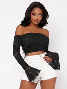 SHEIN Áo thun nữ Xù màu trơn Gợi cảm - màu đen - Xem 3