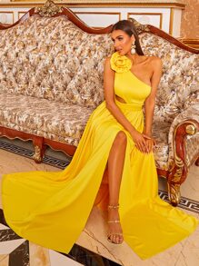 Missord 單肩貼花鏤空高衩正式連衣裙 - 黃色 - 查看 5