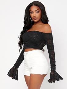 SHEIN Áo thun nữ Xù màu trơn Gợi cảm - màu đen - Xem 4