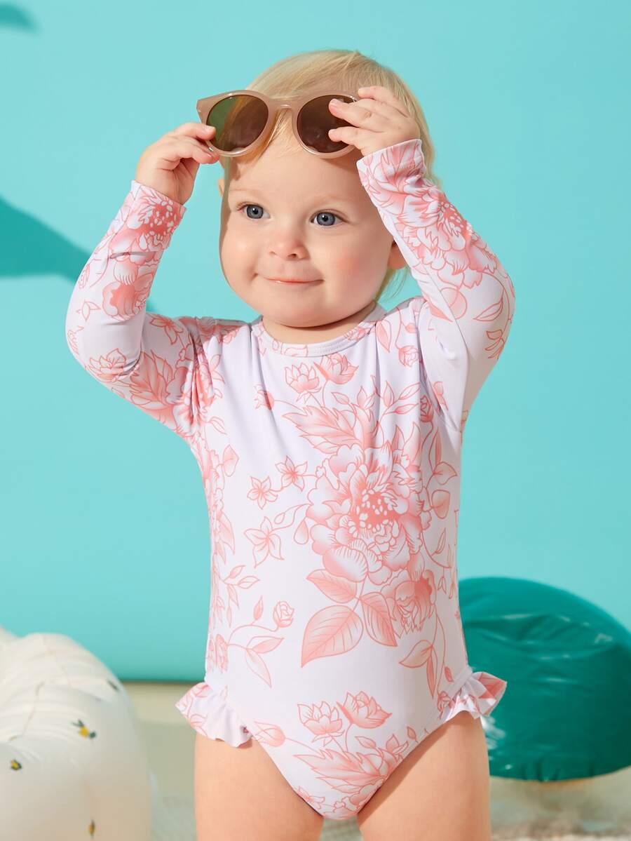 Baby Girl Floral Frill Trim One Piece Swimsuit - Multicolor - View 1